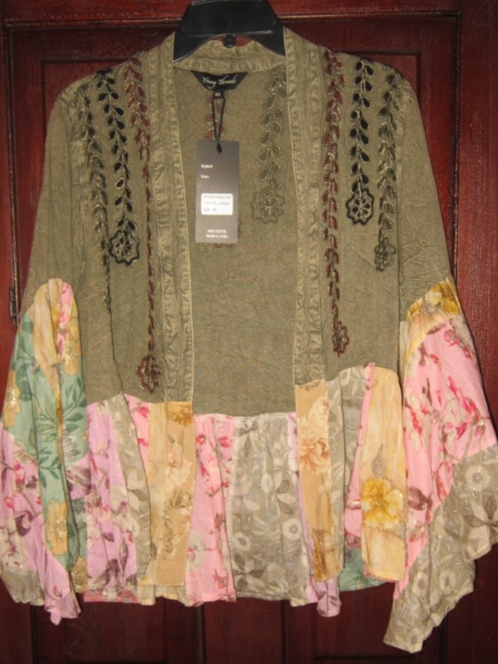 Young Threads New Sz XS Open Top Blouse Jacket Embroidered Floral Patchwork Boho